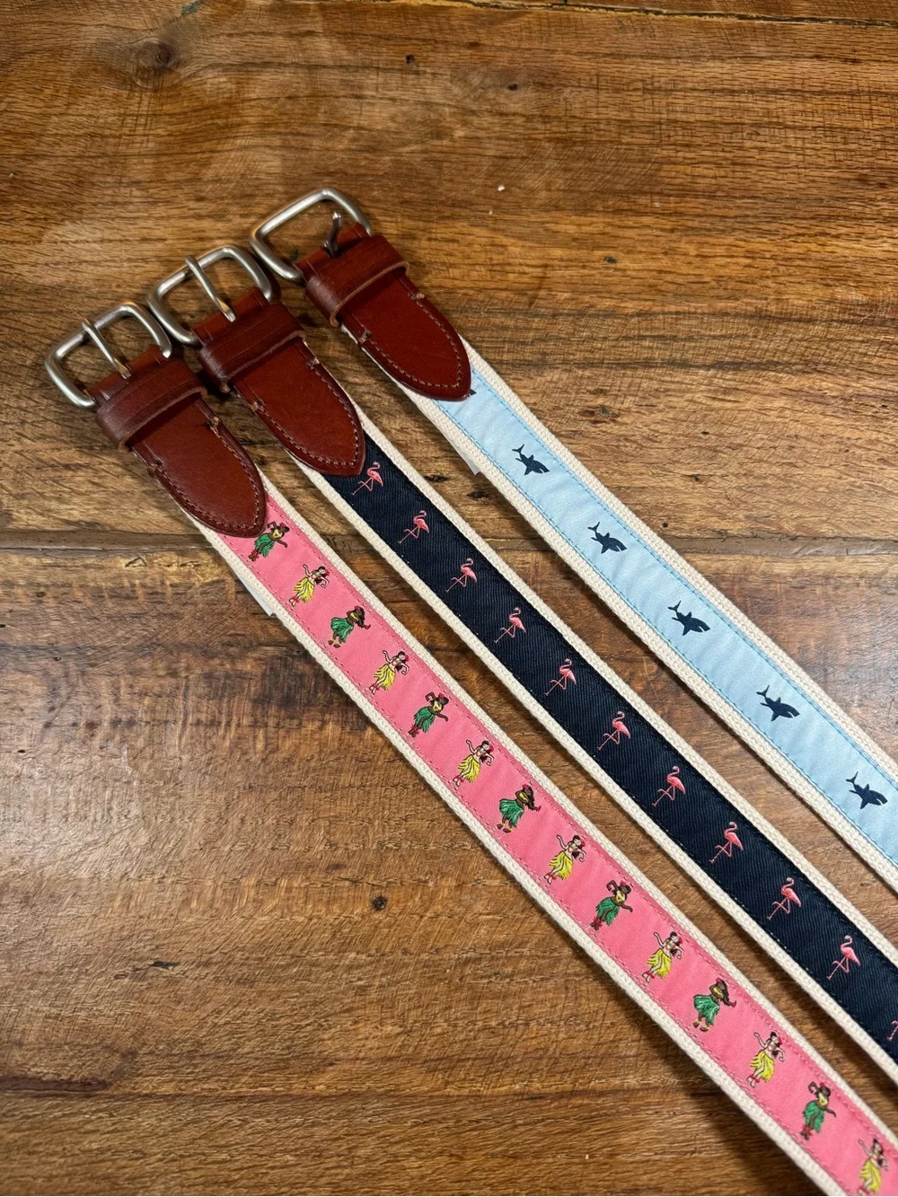32” waist: 3 Embroidered J Crew Canvas Belts - Hula, Flamingo, Shark Motifs